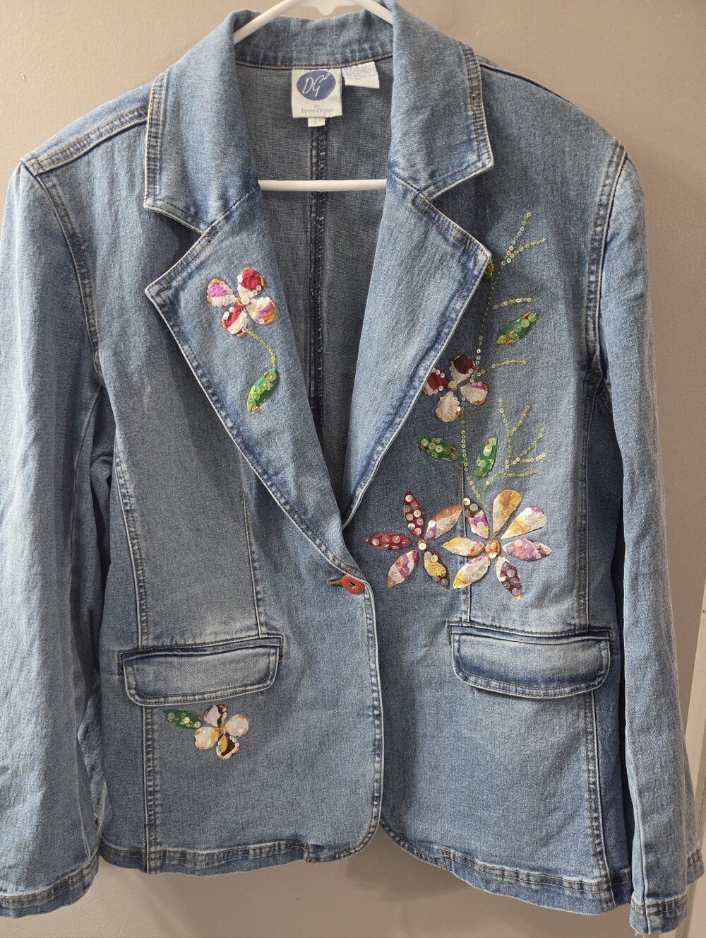 Vgt Diane Gilman Denim Floral Embellished Blazer Jacket - Light Blue. Sz L